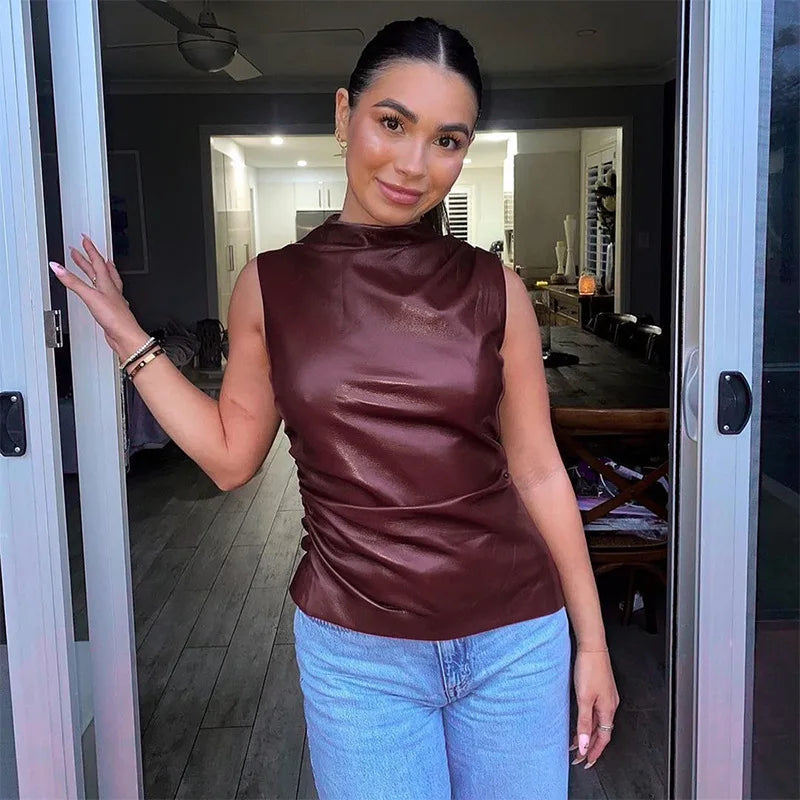 Leren Top - Wine Red