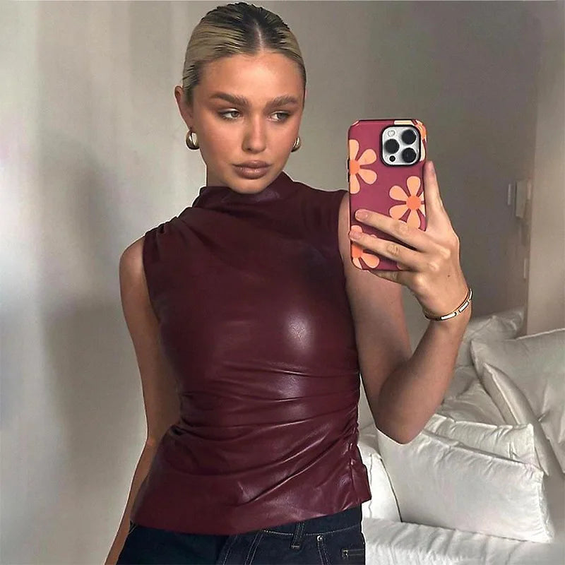 Leren Top - Wine Red