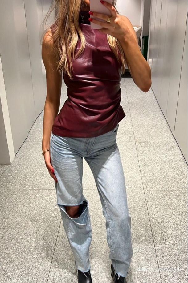 Leren Top - Wine Red